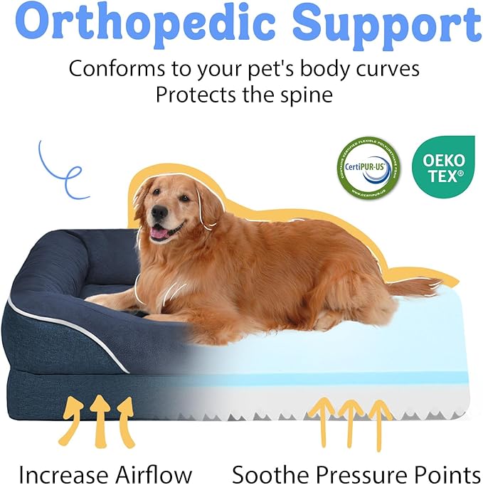 Washable Orthopedic Large Dog Bed - Removable Waterproof Cover with Bolster Machine Washable Extra Large Dog Bed Foam Support XL Large Big Pet Dogs Beds