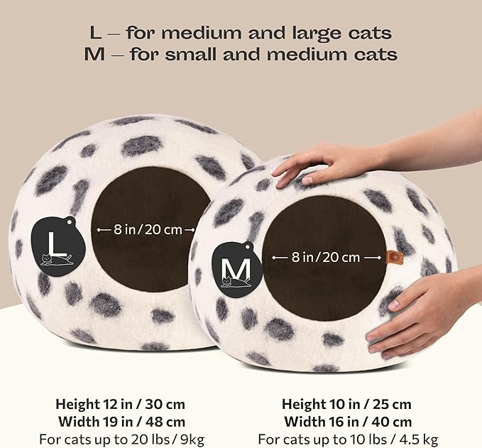 MEOWFIA Cat Cave – Premium Felt Cat Bed for Indoor Cats, Handmade 100% Merino Wool (Vivid Shades) (Large, Snow Leopard)
