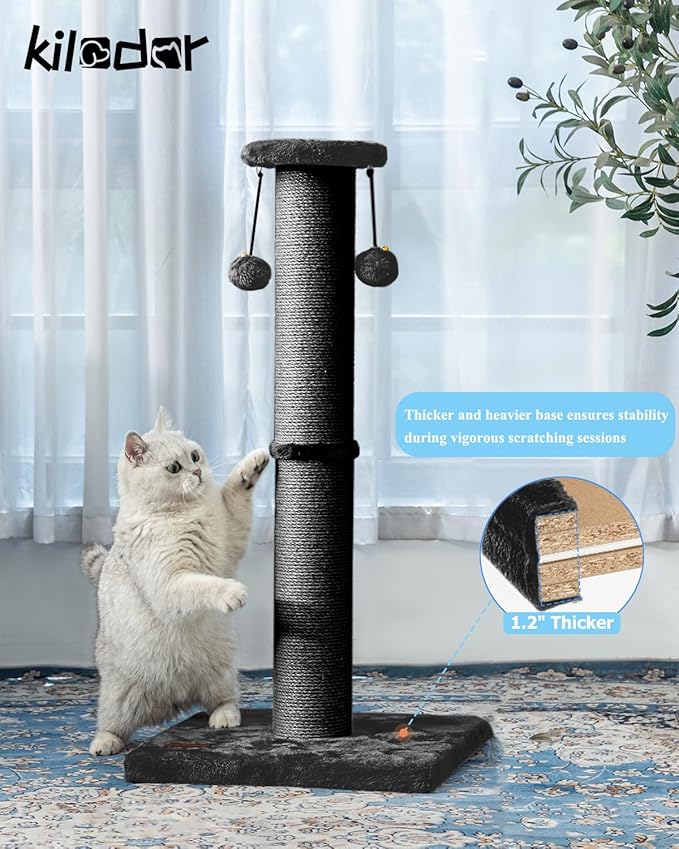 Kilodor 34Inch Tall Cat Scratching Post,4.3Inch Diameter Large Sisal Cat Scratch Post with Ball, Sturdy and Durable Cat Scratcher for Indoor Cats Adults Black