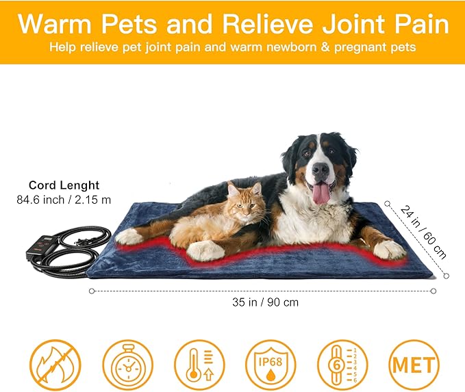 Toozey Large Pet Heating Pad, 6 Adjustable Temperature Dog Cat Heating Pad with Timer, Waterproof Heated Dog Bed with Chew Resistant Cord, Indoor Electric Pet Heated Mat 35x24in