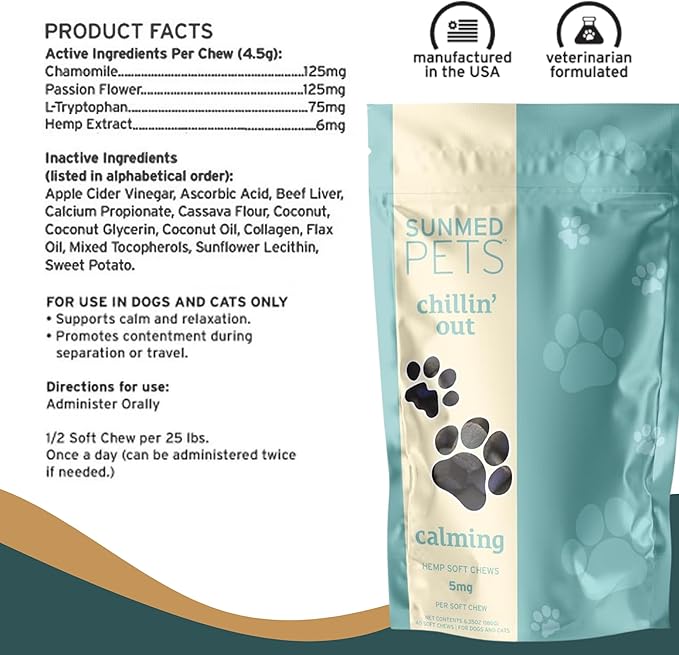 Chillin' Out Hemp Dog Chews with Chamomile & L-Tryptophan – Stress Relief, Calming & Relaxation for Dogs – Helps with Anxiety & Stressful Situations – 40 Count