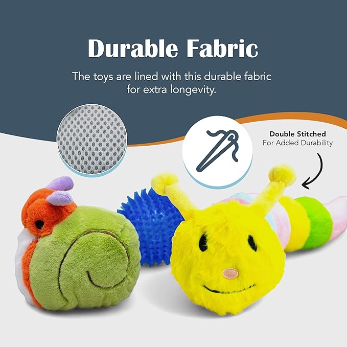 Flourish Pets 2 in 1 Multi-Layer Chew Toy for Active Dogs | Non-Toxic BPA Free Double Stitched Soft Fabric Dog Toys | Long-Lasting Dog Plush Toys - Small Caterpillar (20") and Puffer Prickles (5″)