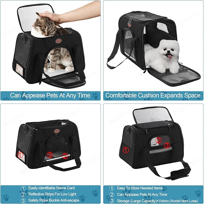Cat Carrier Dog Carrier Pet Carriers for Medium Small Cats Dogs Puppies up to 15 Lbs,TSA Airline Approved Small Dog Cat Carriers Soft Sided,Collapsible Travel Puppy Carrier (Black, Large)