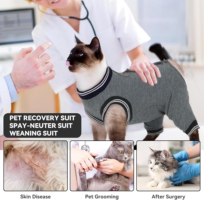 T'CHAQUE Cat Clothes Surgery Recovery Suit for Female Male, Cat Onesie Pet Surgical Pajamas Hind Legs Long Sleeve, Abdominal Wound Skin Diseases, E-Collar Alternative, Spay Recovery Suit, Gray-L