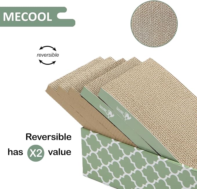 MECOOL Cat Scratching Board，5PC Cat Scratch Pad with Box，Reversible Corrugated Cat Scratcher Cardboard and Lounge Bed for Indoor Cats, Catnip