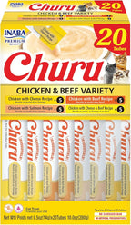 INABA Churu Cat Treats, Grain-Free, Lickable, Squeezable Creamy Purée Cat Treat/Topper with Vitamin E & Taurine, 0.5 Ounces Each Tube, 20 Tubes, Chicken & Beef Variety Box
