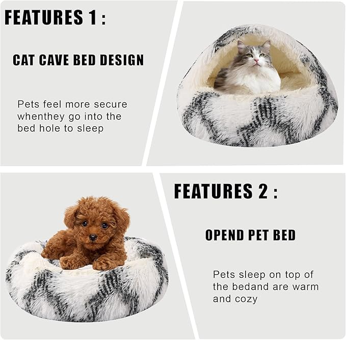 HYQ Small Dog Bed with Cover Cave, Cozy Cat Cave Bed, Round Puppy Bed with Hooded Cover, Cat Beds for Indoor Cats Washable, Dog Beds for Small Dogs with Anti-Slip Bottom (Grey-White, 20×20 Inch)