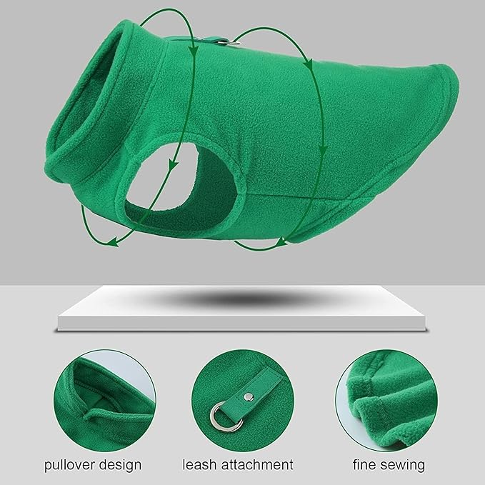 JACKO & CO - Fleece Vest Sweater with Leash Ring - Soft Lightweight Breathable for Puppies Small Medium Dogs, Kitten, Cats, Chihuahua - Warm for Fall/Autumn/Winter (Green, XX-Large 25-35lbs)