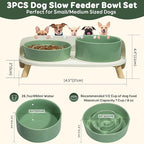 Elevated Slow Feeder Dog Bowls - Ceramic Food and Water Bowl Set with Stand - Raised Pet Dishes for Small and Medium Sized Dogs