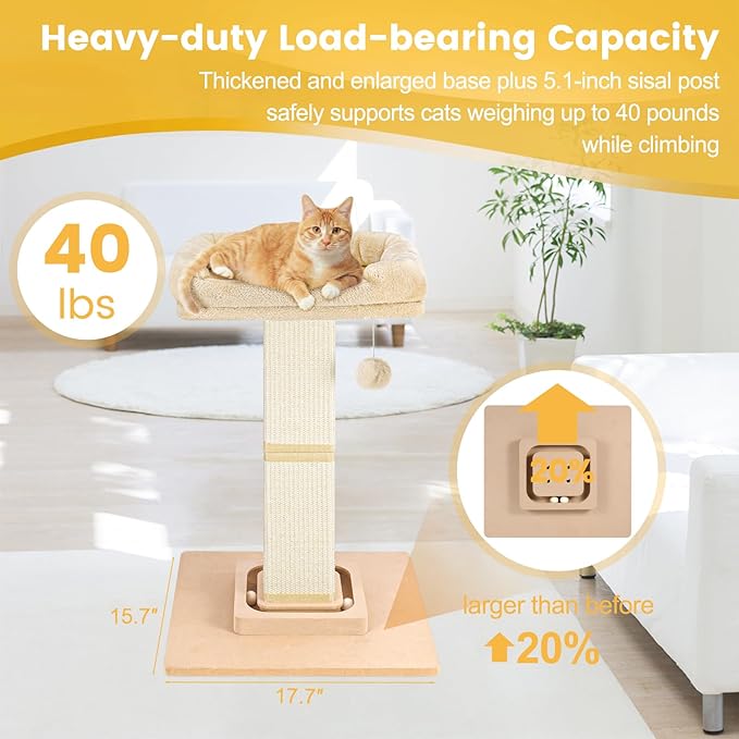 Cat Scratching Post,Heavy Duty and Thicker Scratching Posts for Indoor Cats Adults, Cat Scratcher with Cat Perch, Tall Cat Scratching Post with Bed, Removable Cover, 28 inches