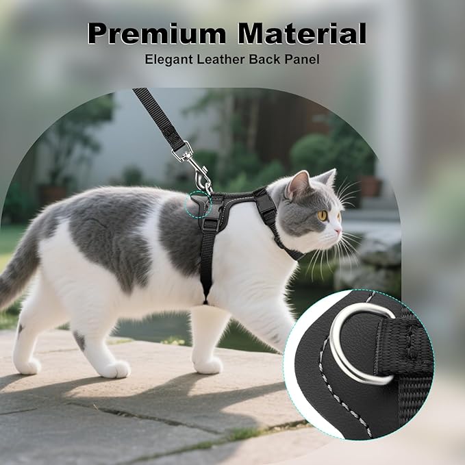 Plutus Pet Adjustable Cat Harness and Leash Set, Quick Release, Escape Proof Nylon Vest with Leather Trim for Kitten, Small Medium Large Cats, Black