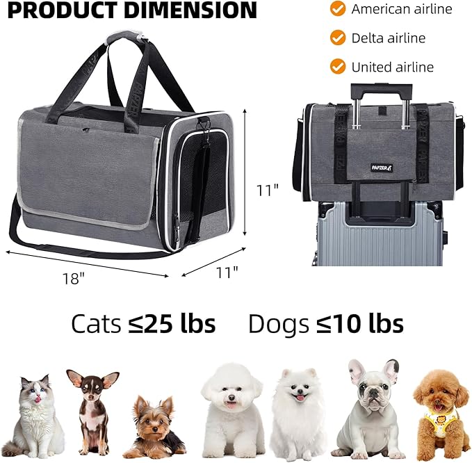 Top Loading Medium Cat Carrier with Privacy Curtain, Delta Approved TSA Pet Travel Crate Suitcase Luggage Sleeve, Soft-Sided Dog Kennel Bag 18x11x11 United Airline Approved Under Seat Grey