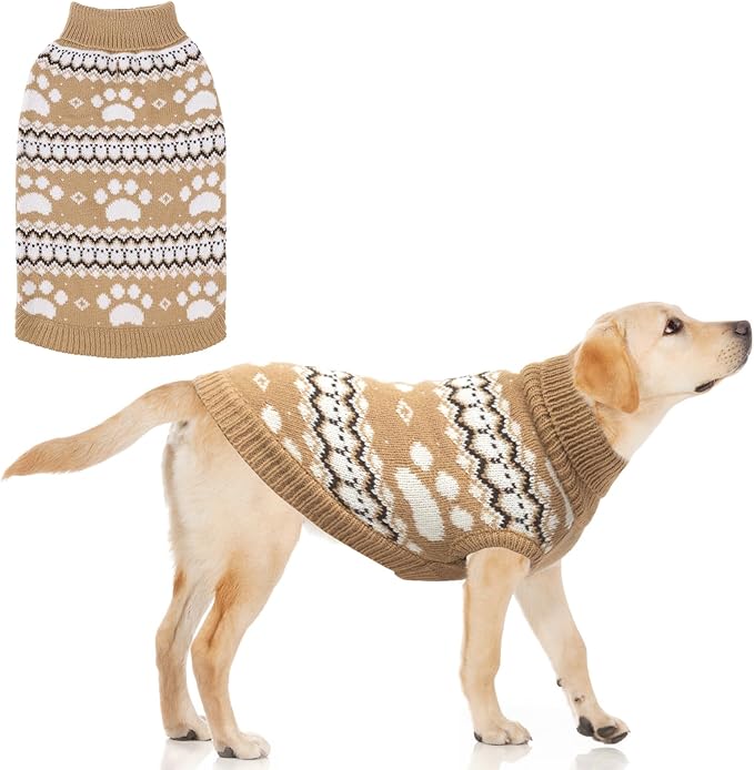 KOOLTAIL Cable Knit Dog Sweater Turtleneck, Cold Weather Pullover Classic Knitwear, Cute Paws Pattern Thick Warm Winter Pet Clothes, Dog Christmas Sweater for Small Medium Large Dogs Cats, Khaki L