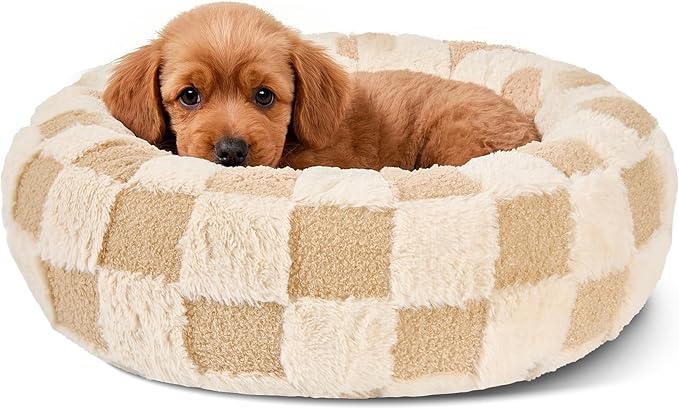 Dog Calming Beds for Small Medium Large Dogs - Round Donut Washable Puppy Dog Bed, Anti-Slip Faux Fur Fluffy Donut Cuddle Anxiety Cat Pet Bed (20" Grid)