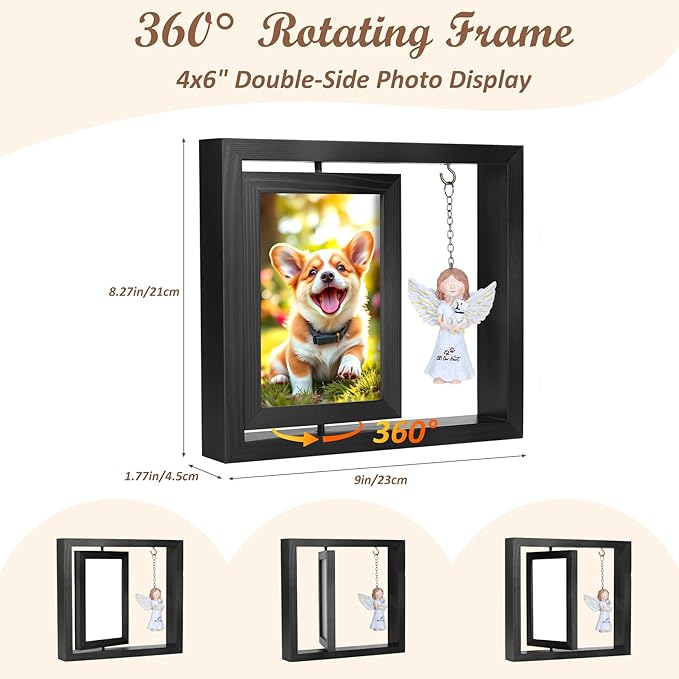 Dog Memorial Gifts for Loss of Dog, Rotating Wooden Picture Frame with Resin Angel Statues for 4x6 Photo, Pet Memorial Gifts for Dog Cat, Pet Loss Sympathy Bereavement Remembrance Keepsake, Black