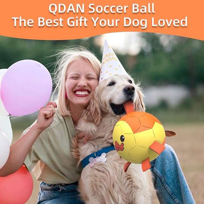 QDAN Dog Toys Soccer Ball with Straps, Interactive Dogs Toys for Tug of War, Puppy Birthday Gifts, Dogs Tug Toy, Dog Water Toy, Durable Dog Balls for Medium & Large Dog - Duck（8 Inch）