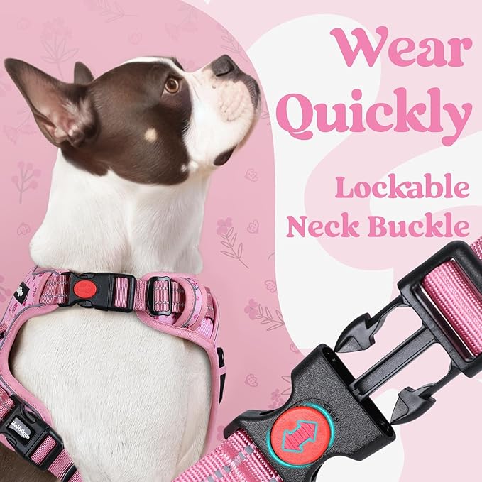 rabbitgoo Dog Harness for Large, No Pull Pet Harness with 3 Buckles, Adjustable Soft Padded Vest with Control Handle, Walking Reflective Pet Vest for Extra Large Dogs, Floral Pink, XL