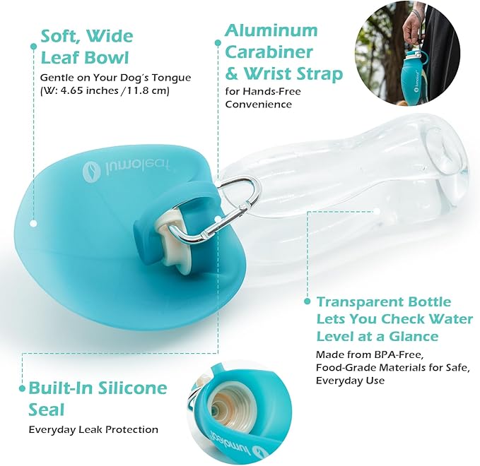 LumoLeaf Dog Water Bottle for Walking, Portable Pet Water Dispenser with Foldable Leaf Bowl – Lightweight Travel Bottle for Small & Medium Dogs, 20 fl oz