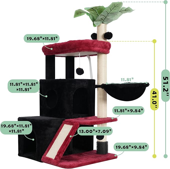 Cat Tree for Indoor Cats Large Adult, Heavy Duty Cat Tower for Big Cats, Cat Tree House with Self Groomer Brush, Big Padded Top Perch, Scratching Post, Hammock, Black and red GCT011MU