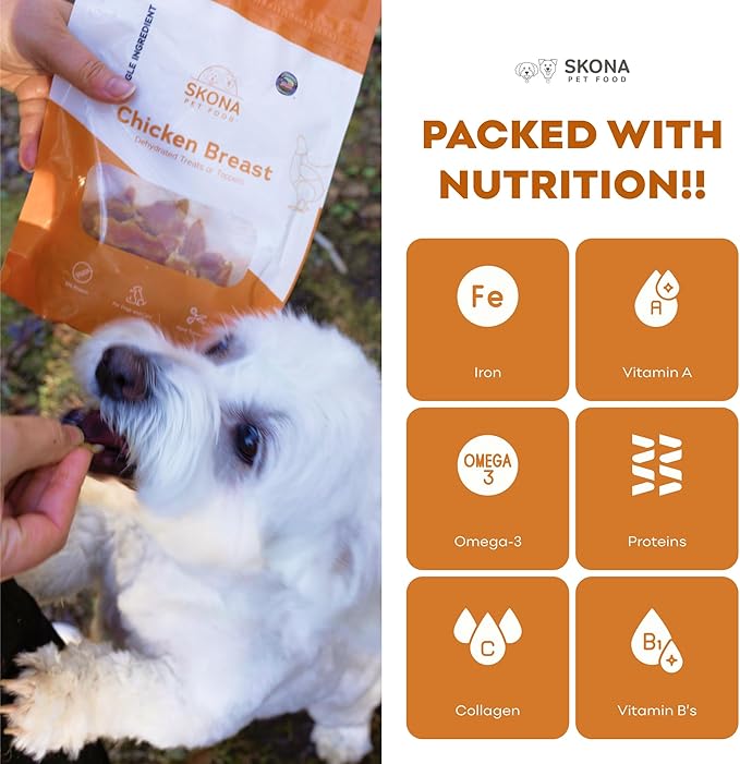 Skona PetFood Chicken Breast Jerky Dog Treats & Cat Jerky Treats, High Protein, Single-Ingredient Training Snacks, Grain-Free, USA Made, Rich in Taurine, Supports Digestion & Dental Health, 4oz