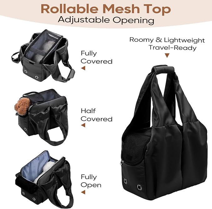 Dog Purse Carrier for Small Dogs, Cats, and Puppies – Soft-Sided Travel Pet Tote Bag with 4 Large Pockets, Foldable, Lightweight, Fits Pets up to 15 lbs, for Travel, Vet, Outings (Black)