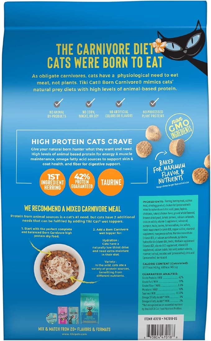 Tiki Cat Born Carnivore High Protein Dry Cat Food, Herring & Salmon Meal, 5.6 lbs. Bag