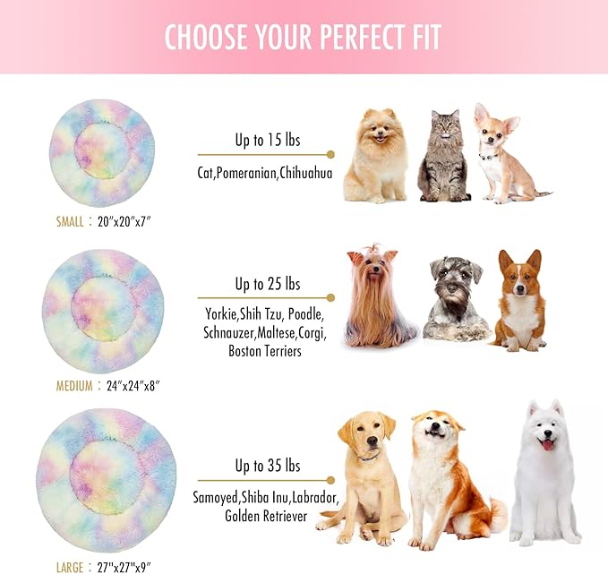 Anti Anxiety Round Fluffy Plush Faux Fur Warm Washable Dog Bed & Cat Bed, Original Bed for Small Medium Large Pets,Used to Relieve Joints and Improve Sleep（20"/24"/27''） (27", Rainbow)