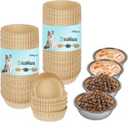 Disposable Cat Food Bowl Set (600 Pcs Small Paper Bowls + 4 Pcs Stainless Steel Pet Bowls) Dog Disposable Bowls Disposable Cat Plates for Wet Food Pet Food Bowl for Pet Feeding Station(Khaki Brown)