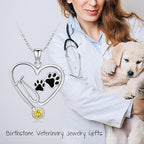 Birthstone Veterinary Stethoscope Necklace 925 Sterling Silver Nurse Vet Pendant with Dog Paw Nurse Jewelry Gifts for Veterinarian Nurse Women Veterinarian Gifts