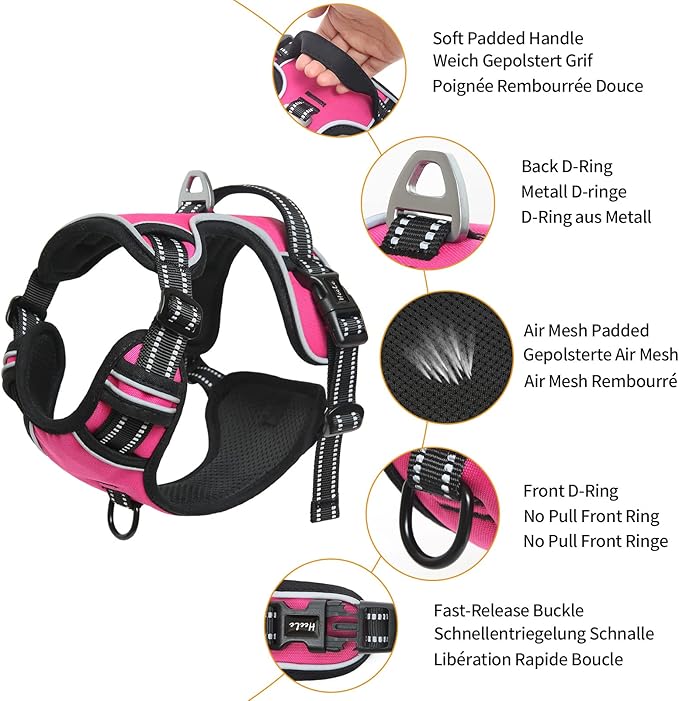 HEELE Dog Harness, No Pull Adjustable Padded Reflective Harness for Small Medium Large Dogs with Handle for Walking Training, Rose, XL