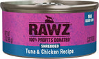 Rawz Natural Premium Shredded Canned Cat Wet Food - Grain Free Made with Real Meat Ingredients No BPA or Gums - 3oz Cans - 18 Count (Tuna & Chicken)