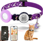 Breakaway Cat Collars with Bell Moons Stars Cute Kitty Adjustable Safe Kitten Collars with Pendant Glow in The Dark,Airtag Cat Collar, Air tag Safety Buckle (Purple)