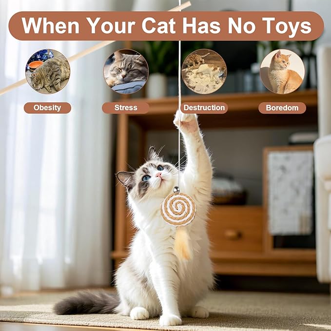 15.8inch 3Pack Interactive Cat Wand Toy for Indoor Cats Teases for Bored Indoor Adult Cats to Chase and Exercise Solid Wood Bell Ball