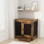 Rustic Brown Heavy Duty Furniture Dog Crate, Wood and Metal Kennel Cage, Pet House End Table with Drawer and Pull-Out Design, Dog Home for Indoor use, Medium Size