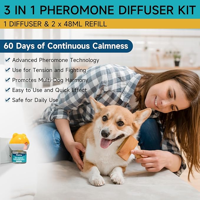 Dog Calming Diffuser - Dog Pheromones Calming Diffuser for Dog Anxiety Relief 3-in-1 Dog Pheromone Diffuser Kit with 1 Diffuser + 2 Refill 48ml Vial - 60 Days Pheromone Diffuser to Calm Dogs