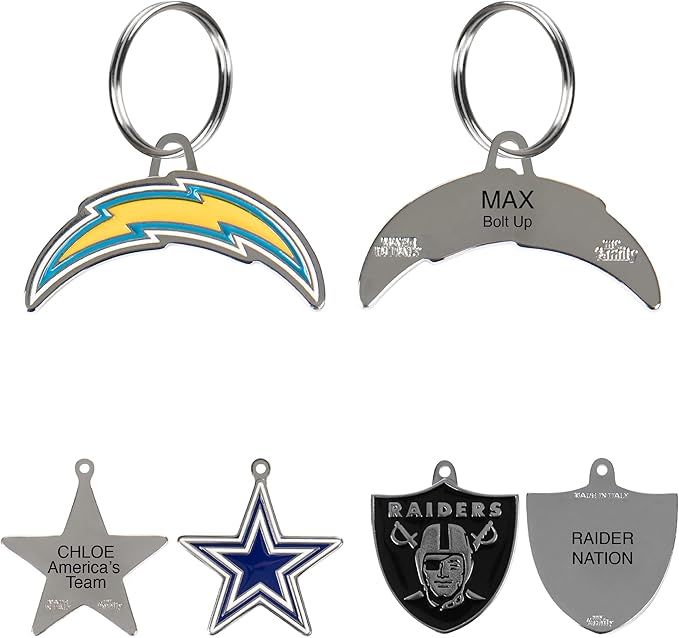 NFL Los Angeles Chargers Engraving Pet ID Tag in 32 Team Logo Shapes - Personalized Dog and Cat Tag With 3 Lines of Customizable Text for Tracking & Safety - Stainless Steel