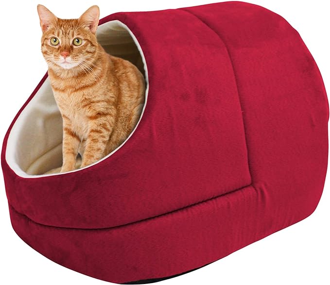 GOOPAWS Cat Cave for Cat and Warming Burrow Cat Bed, Pet Hideway Sleeping Cuddle Cave (Burgundy-2)