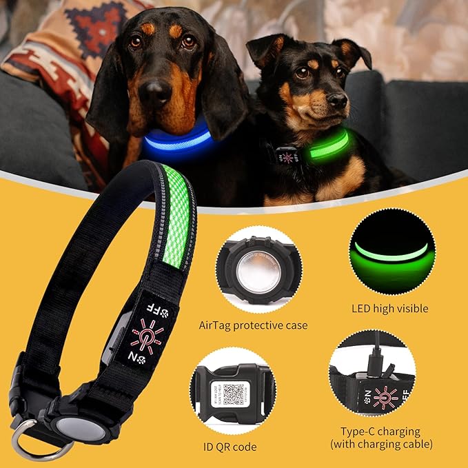 AirTag Dog Collar with QR Code & LED Light, IP68 Waterproof Rechargeable Pet Collar with Reflective Strips, Durable Airtag Holder for Medium/Large Dogs (Green, L(20-24 in))