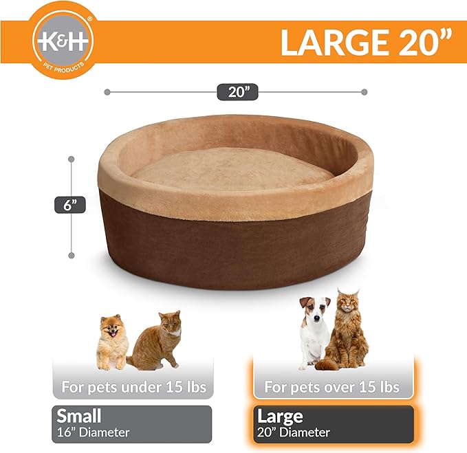 K&H Pet Products Thermo-Kitty Bed Heated Cat Bed for Indoor Cats , Electric Warming Bed for Cats and Small Dogs, Washable Thermal Plush Calming Round Pet Bed - Large 20" Mocha/Tan