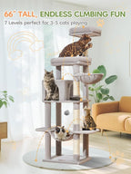 Taoqimiao MS042W Cat Tree,66-inch Large Cat Tower with Scratching Posts, Luxurious Large Platform for Big Cats with Soft Hammock, Adjustable Basket, Deluxe Cat Cando, Top Perch Light Gray