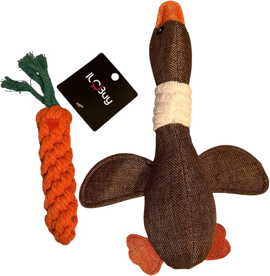 Dog Toy Bundle – 2 Durable Plush Squeaky Goose Toys + 1 Carrot Rope Chew Toy – Interactive Play Set for Small & Medium Dogs