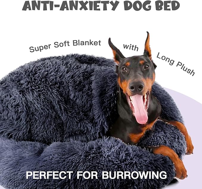 Himax Dog Beds for Large Dogs, Donut Dog Bed with Blanket Attached, Calming Dogs Beds Washable (20"/26"/35") Grey