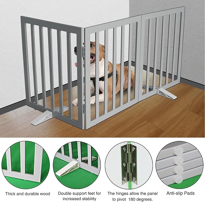 ZJSF Freestanding Indoor Dog Gate for House Foldable Wood Puppy Gate for Doorways Pet Gate for Stairs Extra Wide Pet Fence, Grey, 24" Height 2 Panels