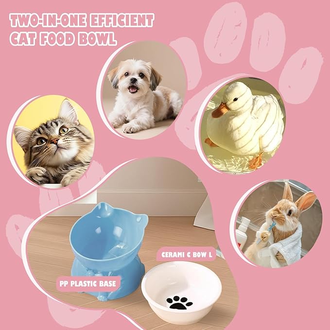 Ceramic Raised Cat Bowl 5 Inch - Tilted Anti-Vomiting & Whisker Fatigue Relief for Indoor Cats, Elevated Food Bowl for Small Dogs & Kittens, Blue