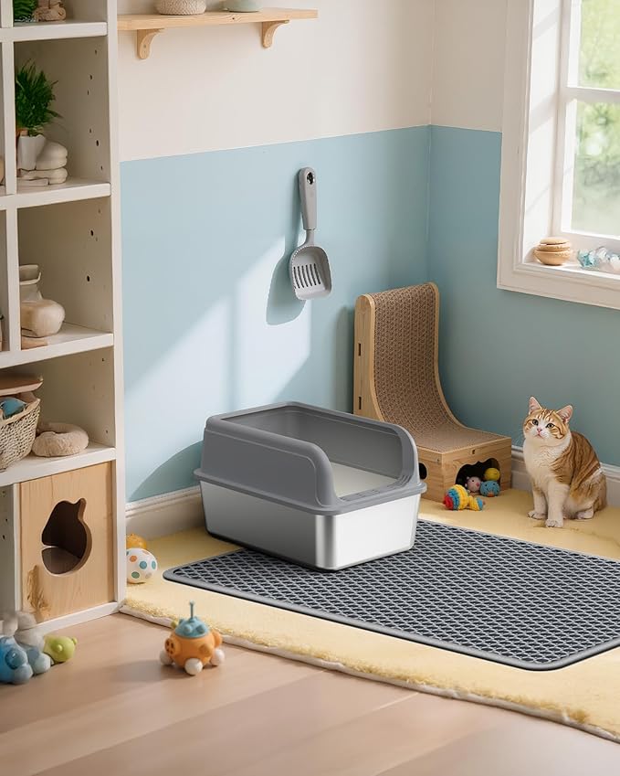 27" x 19" Cat Litter Mat - Ultra-Large Litter Box Mat with Double Layers, Urine-Proof and Non-Slip Litter Trapping Mat, Easy to Clean Kitty Litter Mats for Floor, Scatter Control, Grey