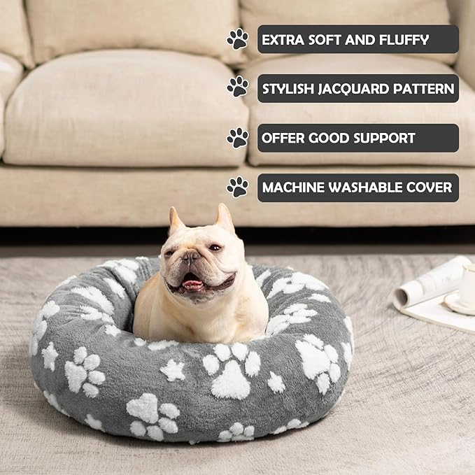 Donut Dog Beds for Small Dogs, Calming Round Cat Beds for Indoor Cats, Cute 3D Textured Paw Pet Bed with Removable Washable Cover and Anti-Slip Bottom（Grey，20"）