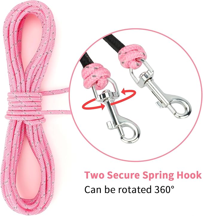 Rypet Reflective Cat Long Leash - 50 FT Escape Proof Walking Leads Yard Long Lead Durable Safe Personalized Extender Leash Traning Play Outdoor for Kitten, Puppy, Rabbit and Small Animals(Pink-L)