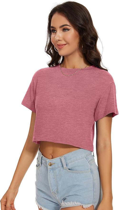 Womens Summer Crop Tops Short Sleeve Round Neck T-Shirts Loose Fit Casual Blouse