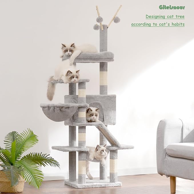 Cat Tree, Multi-Level Cat Tower for Indoor Cats, Cat Condo with Cat Scratching Post and Board, Cat Hammock, Light Gray GCT011W