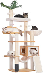 Heybly Wood Cat Tree for Indoor Cats, Cat Condo for Large Cats with Self Groomer, Modern Cat Scratching Tower with Basket, Hammock, Dangling Ball and Leaves, Walnut HCT120WB